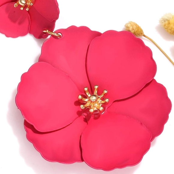 Dark Rose Pink Double Flower Earrings 2.5" Big Floral Statement Jewelry Flowers - Picture 4 of 8